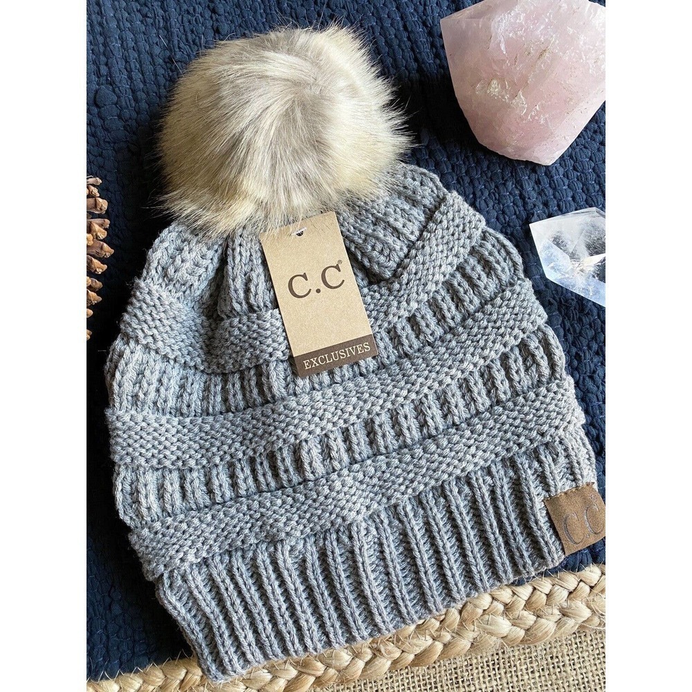 New Adult Size CC Winter Gray Cable Knit Hat Cap Beanie w/ Faux Fur Pom Pom